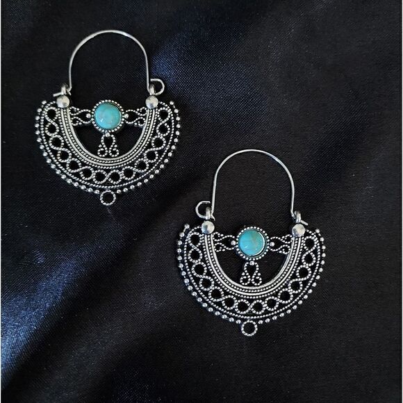 SILVER TURQUOISE BOHEMIAN DANGLE EARRINGS - Picture 1 of 4